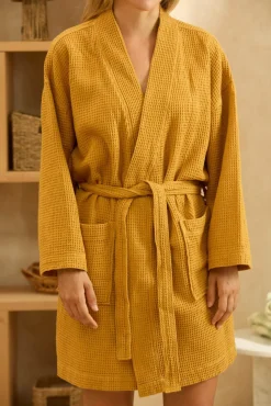 Calma House Albornoces>Albornoz de nido de abeja mostaza Jupiter