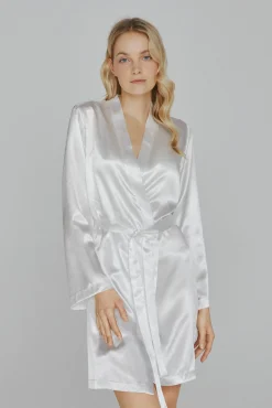 Mujer Ivette Bridal Pijamas|Pijamas>Bata de mujer corta de satén en blanco