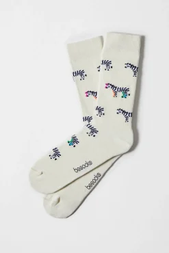 Mujer Besocks Calcetines>Calcetines altos de cebras de algodón orgánico color blanco roto
