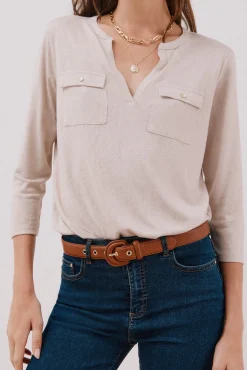 Mujer Cortefiel Camisetas>Camiseta cuello mao efecto lino