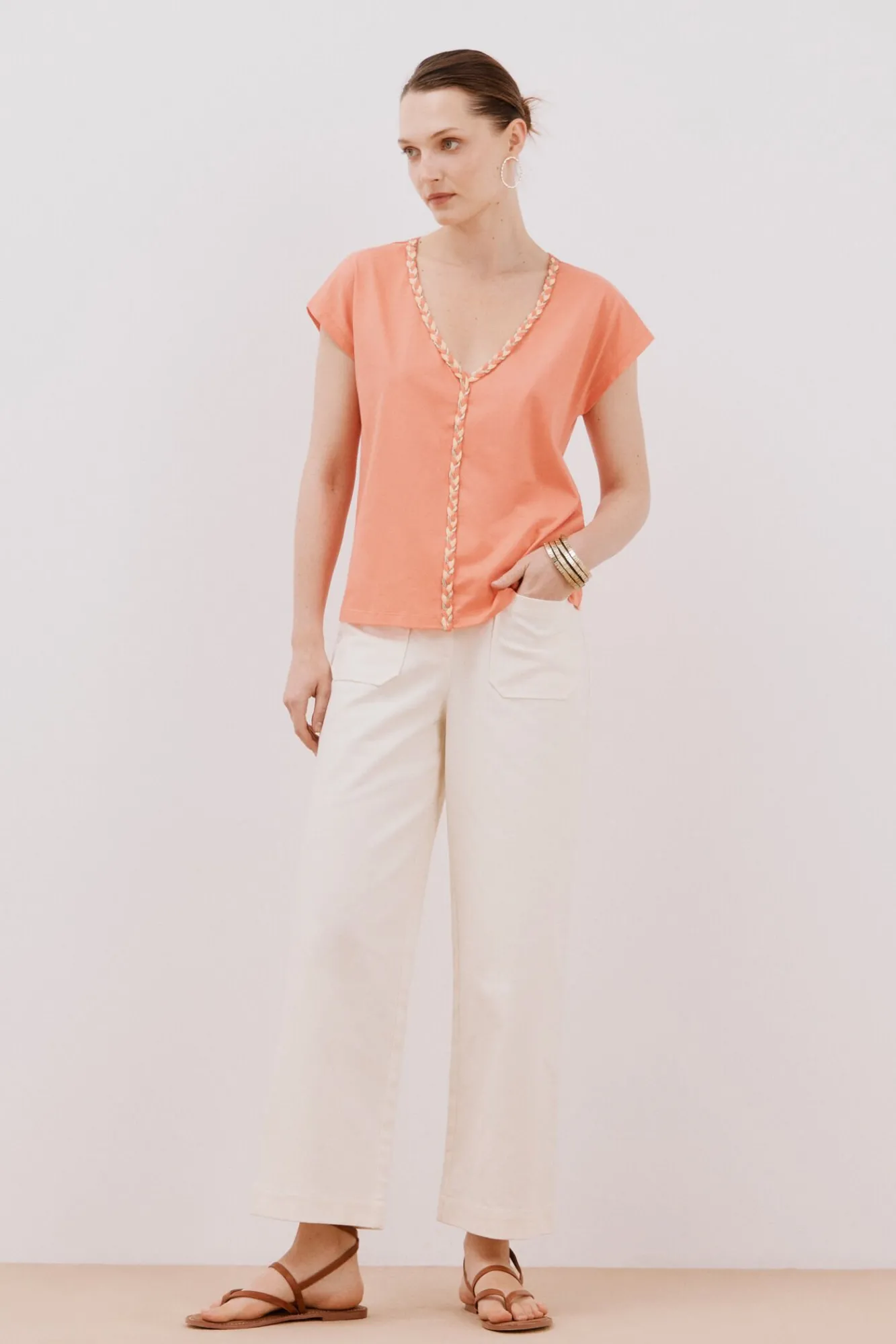 Mujer Cortefiel Camisetas>Camiseta cuello pico trenza