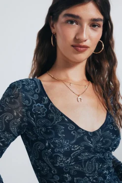 Mujer Springfield Camisetas>Camiseta gasa escote frunces estampada