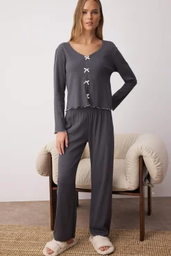 Mujer Trendyol Pijamas|Pijamas>Conjunto pijama canalé detalle lazos