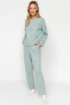 Mujer Trendyol Pijamas|Pijamas>Conjunto pijama con estrellas menta100% algodón