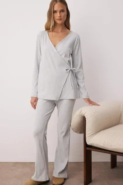 Mujer Trendyol Pijamas|Pijamas>Conjunto pijama jaspeado cierre lazo