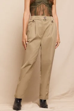 Mujer Slowlove Pantalones>Pantalón de sarga con pinzas trabillas para el cinturón bolsillos funcionales laterales pernera ancha cierre mediante cremallera oculta y botón