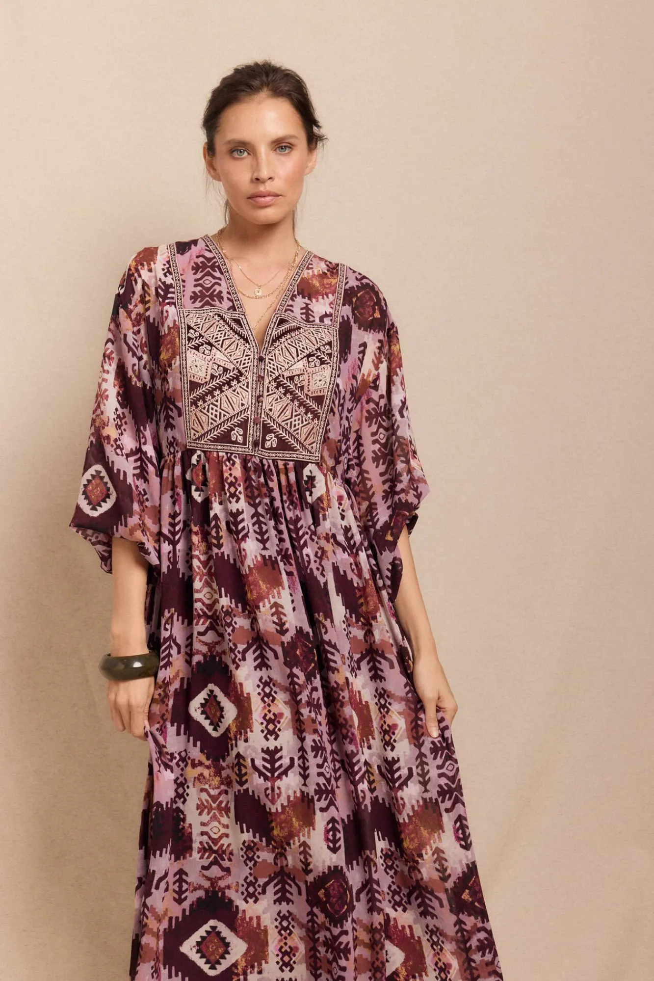 Mujer Slowlove Vestidos>Vestido fluido estampado bordado