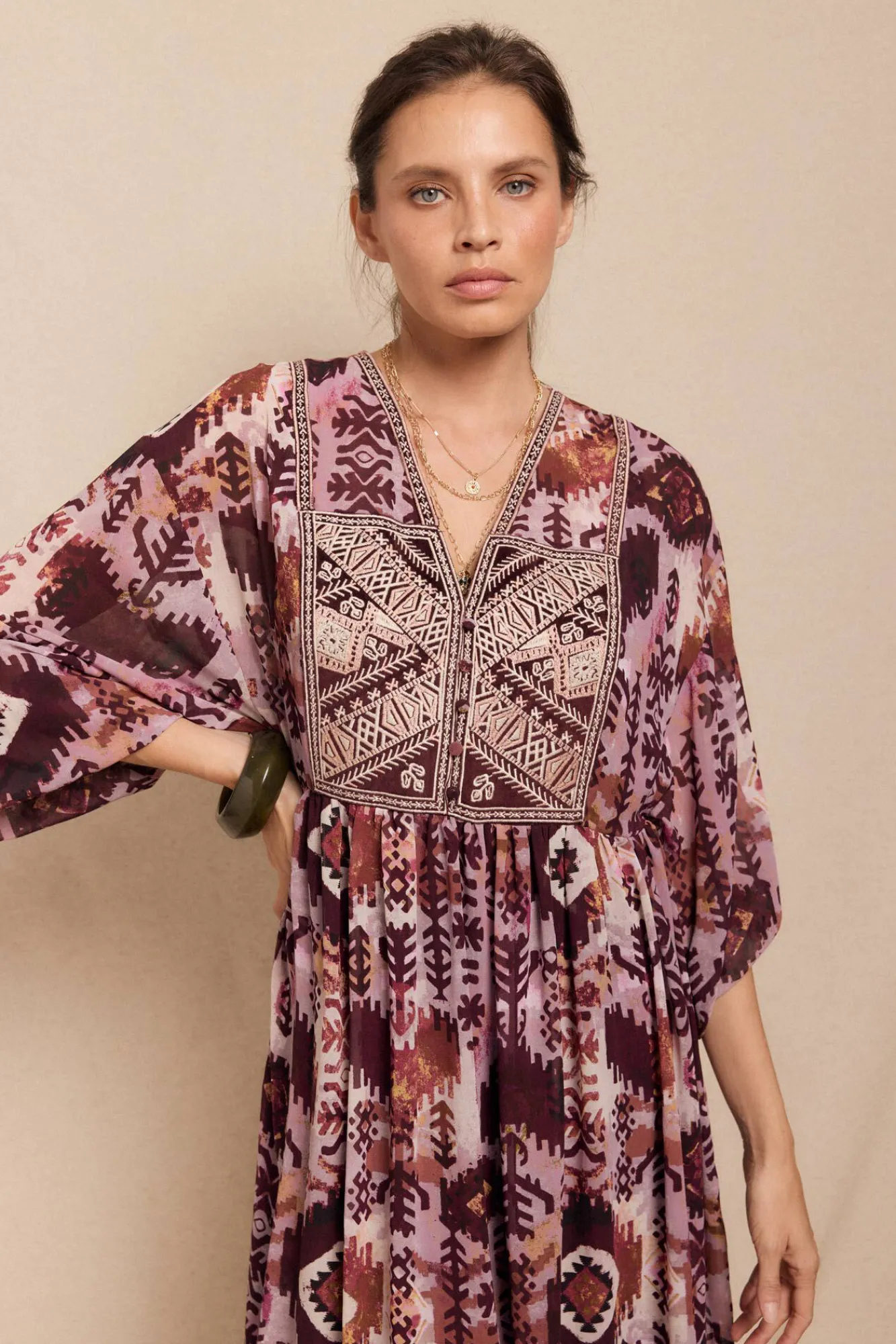 Mujer Slowlove Vestidos>Vestido fluido estampado bordado